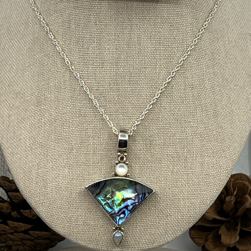 ✨ Abalone Shell & Gemstone Pendant – Sterling Silver Vintage Design - Picture 5 of 17